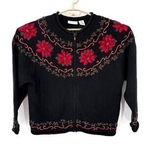 Croft & Barrow Vintage Fair Isle Poinsettia Zip Cardigan Sweater Black  XL